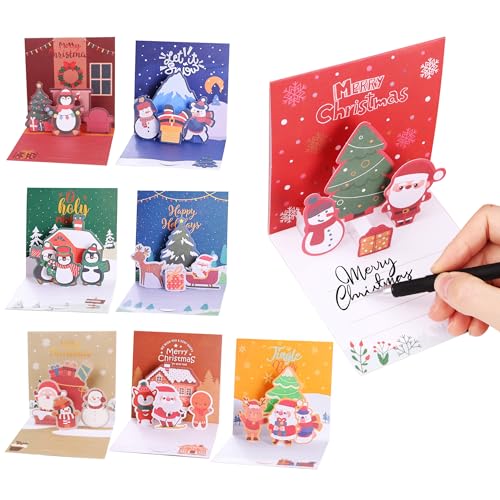 8 Pezzi Cartoline di Natale 3d, Biglietti Auguri di Natale con Buste, Pop-Up Biglietti Auguri Natale 3D Fatto a Mano per Natale/Capodanno