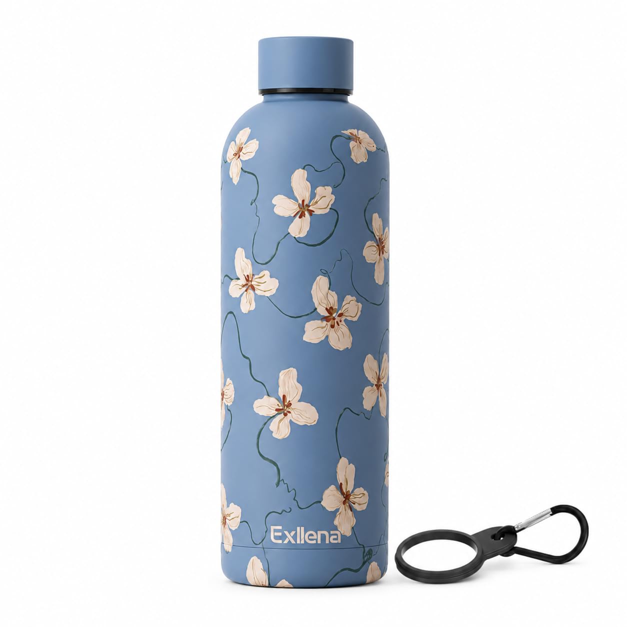 Exllena Insulated Water Bottles 1l with Clip, Double Wall Vacuum Drinks Bottle Keeps Drinks Cold 24 Hrs/Hot 12 Hrs, Stainless Steel Water Bottle BPA Free (Sky Orchid)