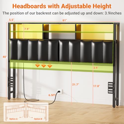 Image of Aheaplus Headboard for Queen Size Bed with Storage, Upholstered Headboards | with Outlets, USB Ports and LED Light, Reversible Queen Size Head Board, Height Adjustable, Comfortable Headboard, Black
