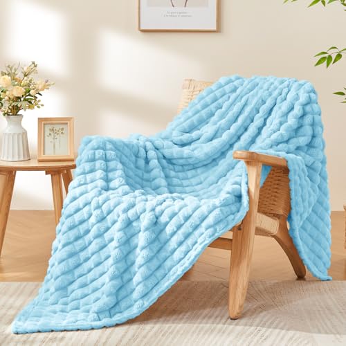Image of BEDELITE 3D Checked Light Blue Fleece Throw Blanket for Couch, 50x60 Inches