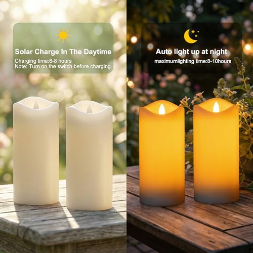 Image of Livinlarge Solar Candles Outdoor Waterproof,6pcs 3 inchx6 inch Solar Flameles Candle |Dusk to Dawn,Auto On /Off,White Fake Candles for Patio Yard Deck Window Table Decor,Holiday Gifts for Mom and Wife