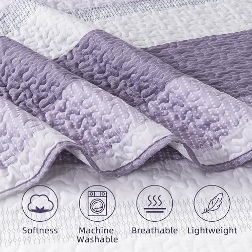 Image of Andency King Size Quilt Set Grayish Purple, 3 Pieces Summer Ultra Soft Lightweight Bedspreads & Coverlets Set, Patchwork Striped Quilted Bedding Sets for All Seasons (1 Quilt, 2 Pillow Shams)