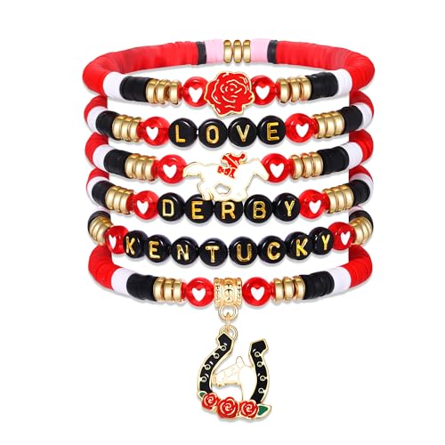 XOCARTIGE Kentucky Derby Bracelets for Women Derby Clay Heishi Beaded Stretch Bracelets Horseshoe Charm Bracelet Kentucky Derby Accessories Jewelry Gifts (Derby A)