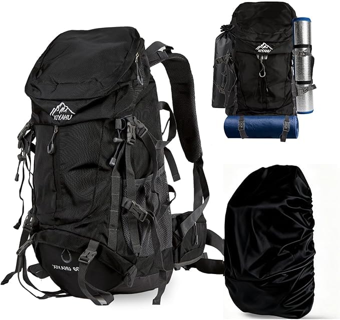 ARATERVIO Wanderrucksack 60L Wasserdicht mit Regenhülle Trekkingrucksack mit Tragesystem Trinksystem-Kompatibilität Schuhfach Leicht & Ergonomisch für Camping Wandern & Mehrtagestouren (Schwarz)