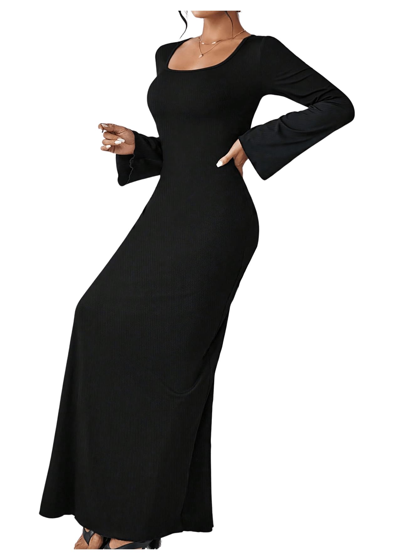 SweatyRocks Elegancka damska sukienka maxi, dekolt w kształcie litery A, sukienka ze sznurowaniem z tyłu, długi rękaw, sukienka na czas wolny