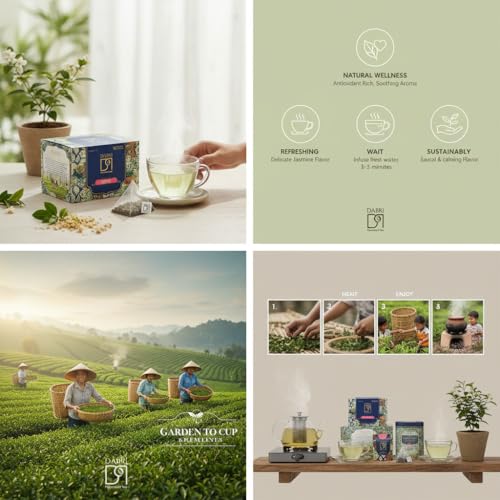 Image of Dabri Jasmine Green Tea 16 Pyramid Dip Teabags|Natural Dried Jasmine Flowers & Green Tea Leaves|Rich Antioxidants|Boosts Metabolism, Brain & Heart Health|Contains Catechins for Tooth Protection