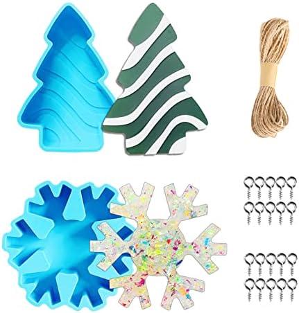 2PCS Silicone Molds for Freshies, Christmas Tree,Snowflakes Car Freshie Mold Car Freshies Supplies Molds Oven Safe Making Kit with Screw Eye Pins,Jute Twine for Aroma Beads Soap Candles