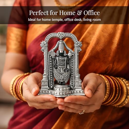 Image of 999 Pure Silver Plated Standing Balaji Idol - 8 Inch Divine Lord Venkateswara Tirupati Statue for Pooja Room and Mandir - Auspicious Spiritual Decor for Home and Office