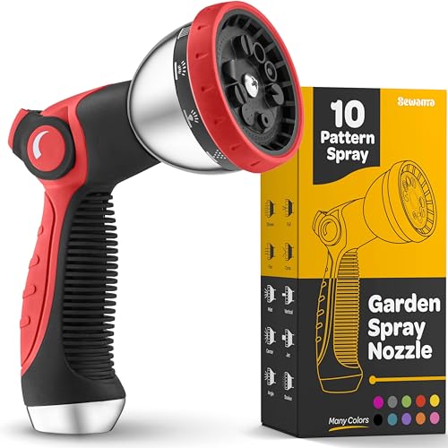 Image of Hose Nozzle [Red] Heavy Duty Hose Sprayer With 10 Adjustable Watering Patterns. Thumb Control Design, Comfortable Ergonomic Grip, Garden Hose Nozzle for Watering Plants & Lawns /Fun showers /Cleaning
