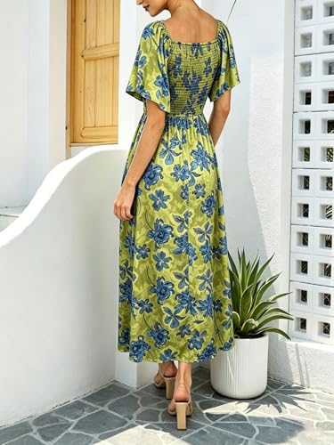 Image of Fashionme Womens Dresses 2026 Maxi Dresses Deep V Neck Elegant Bow Tie Front Cap Sleeve Summer Floral Satin Smocked Dress