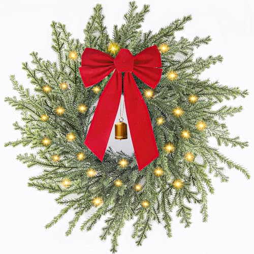 AMORISE 26' Norfolk Pine Wreath, Christmas Wreath for Front Door, Winter Large Greenery Wreath with Lights, Red Bow, Bell, Artificial Wreaths for Indoor Outdoor Holiday Decor, FF11