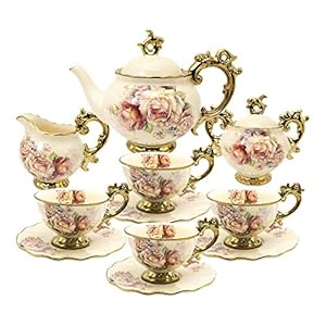 fanquare 15 Pieces British Porcelain Tea Sets,Flower Vintage China Coffee Set,Wedding Tea Service for Adult