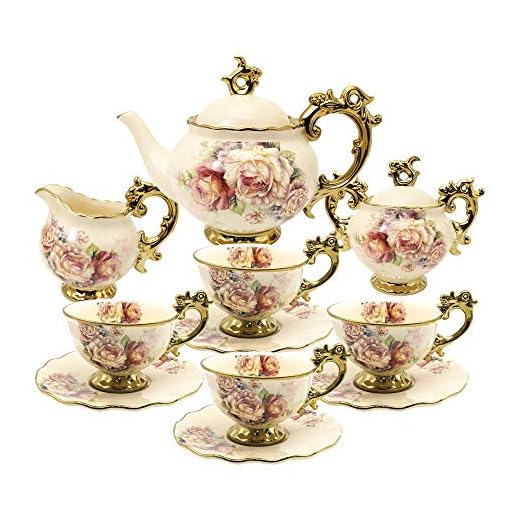 fanquare 15 Pieces British Porcelain Tea Sets,Flower Vintage China Coffee Set,Wedding Tea Service for Adult
