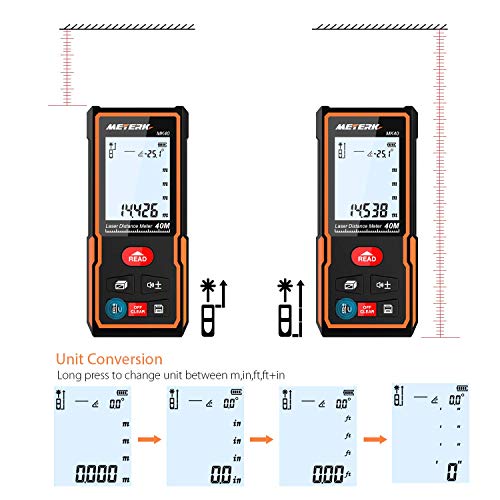 Laser Measure, Meterk 131 Ft M/In/Ft Mute Laser Distance Meter with Electronic Bubble Level, LCD Backlight Display and Measure Distance, Area and Volume, Pythagorean Mode - Battery Included