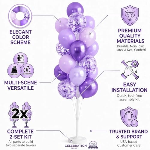 Image of Balloon Column Kit Set of 2 With Balloons Included - with Base, and Pole,Balloon Tower Backdrop Decoration for Wedding, Baby Shower, Birthday Party, or Bachelorette Parties (Enigmatic Purple)