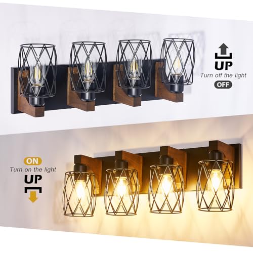 Image of 4-Light Farmhouse Bathroom Vanity Light, Wood Bathroom Lighting Fixtures Over Mirror, Black Bathroom Light Fixtures with Cage Metal Shade, Rustic Vanity Light with E26 Base