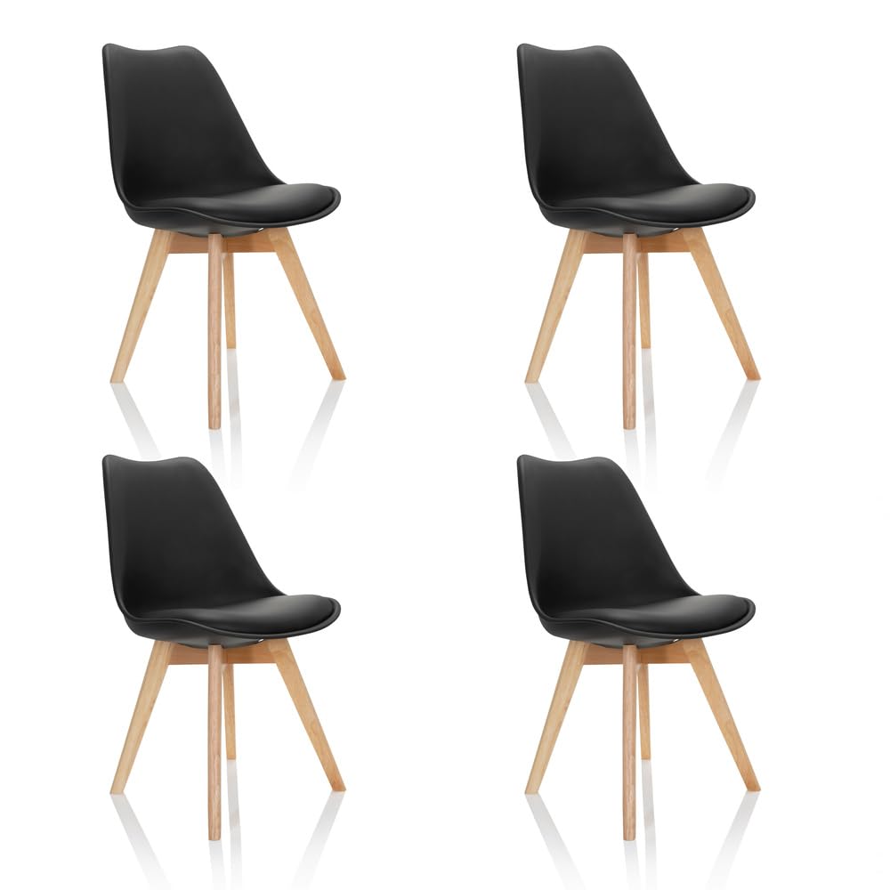 hjh OFFICE 4er Set Esszimmerstühle Scandi Massivholz Beine Buche, Stuhl Küchenstuhl gepolstert im Retro-Design, Kunststoff Schwarz 661011