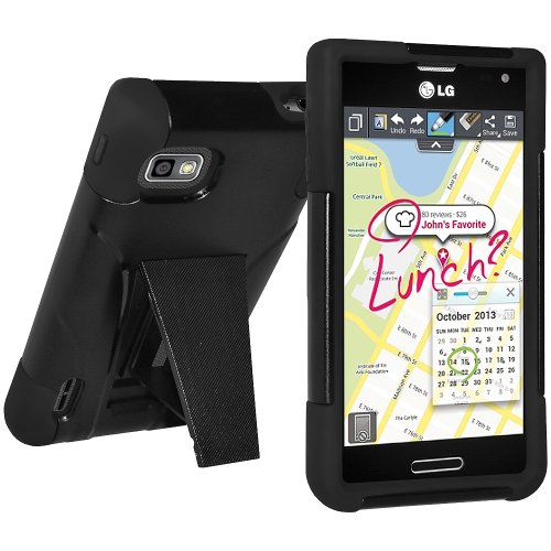 Amzer Double Layer Hybrid Case Cover with Kickstand for LG Optimus F3 MS659 - Retail Packaging - Black
