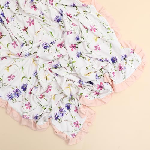 Image of Rayon Made from Bamboo Baby Blanket for Girls, Purple Floral Print, Ruffle Trim, Soft and Comfy, Size 40x33