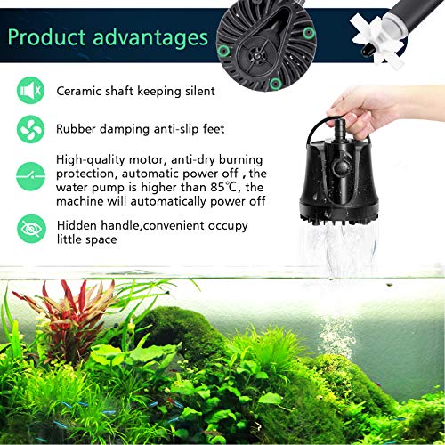 Image of AQQA Submersible Aquarium Water Pump,265GPH 1000L Fish Tank Pump Ultra-quiet Fountain Pump,Adjustable Flow Rate With High Lift,2 Nozzles 6ft Power Cord For Aquarium,Fish Tank, Pond, Hydroponics 15W