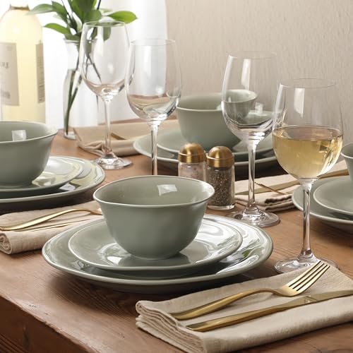 Image of Gibson Elite Port Barton Plates and Bowls Sets, 12-Piece Stoneware Dinnerware Sets, Reactive Glaze Dish Set - Green