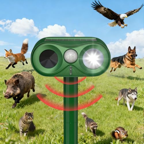 Upgraded Ultrasonic Animal Repeller,Solar Powered Cat Repellent Outdoor,Deer Deterrent with LED Flashing Motion,Sensor and Sound,Waterproof Bird Repeller for Squirrel, Rabbit Garden Courtyard Green