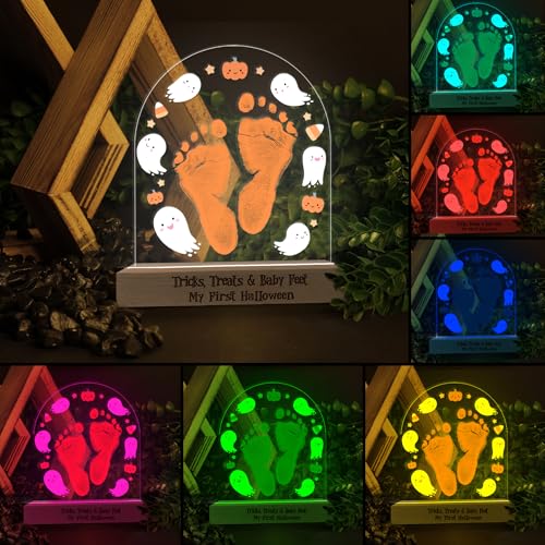 Image of DIY My First Halloween Footprint or Handprint Art Signs, Baby First Halloween Night Light, Kids Crafts Memory Keepsake Tricks, Treats, Feet Milestone Announcement Nursery Baby Boy or Girl's Bedroom