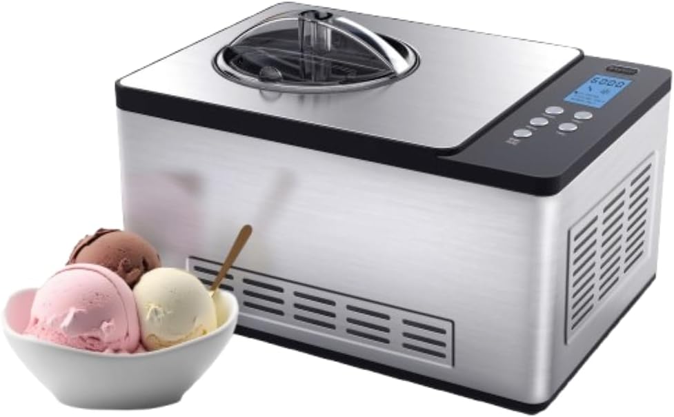 Ice Cream Maker Machine & Yogurt Automatic 2 Qt. with Built-In Compressor, LCD Digital Display & Timer, No Pre-Freezing, ICM-220SSY, Stainless Steel