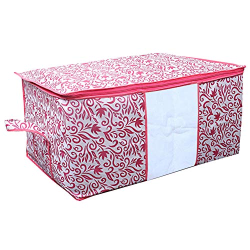 Image of Kuber Industries Leaf Design Non Woven 4 Pieces Underbed Storage Bag, Storage Organiser, Blanket Cover (Pink)-CTKTC025729