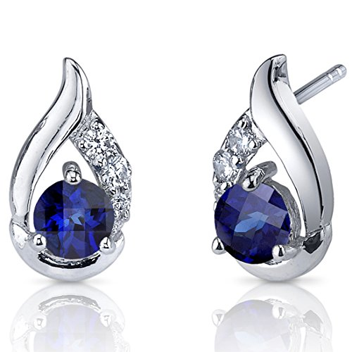 Peora Created Blue Sapphire Earrings 925 Sterling Silver, Radiant Teardrop Studs, 1.50 Carats Total Round Shape 5mm, Friction Back, Blue Earrings, September Birthstone Gift