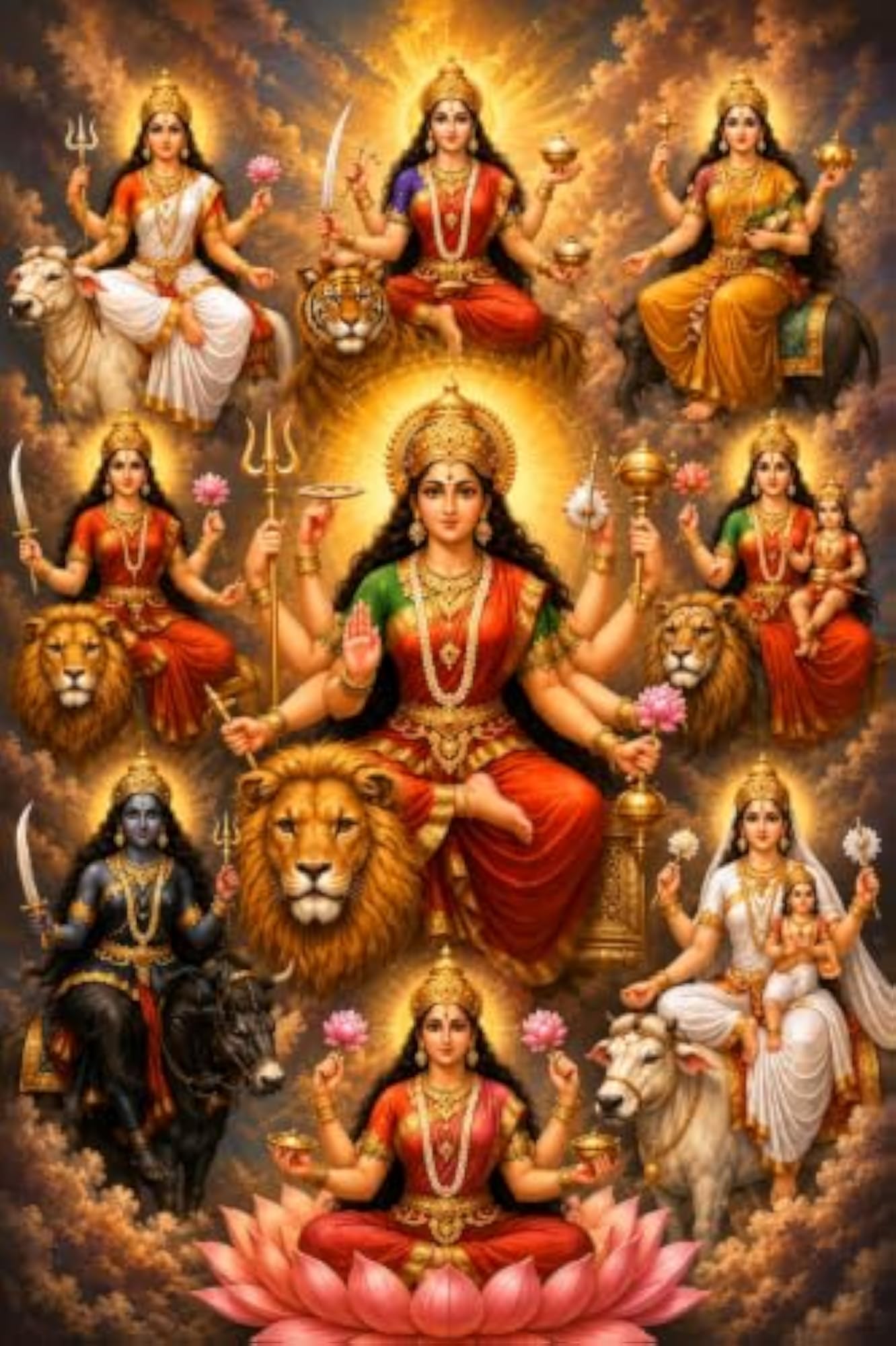 Nav Durga Wall Poster Without Frame, Spiritual Decor