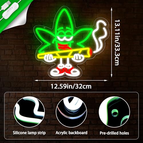 Image of Weed Neon Sign for Wall Decor Cartoon Marijuana Neon Light for Bar LED Weed Sign for Party Bedroom Living Room Game Room Restaurant Decor Birthday Gifts 12.5 * 13.1In(JTD297)