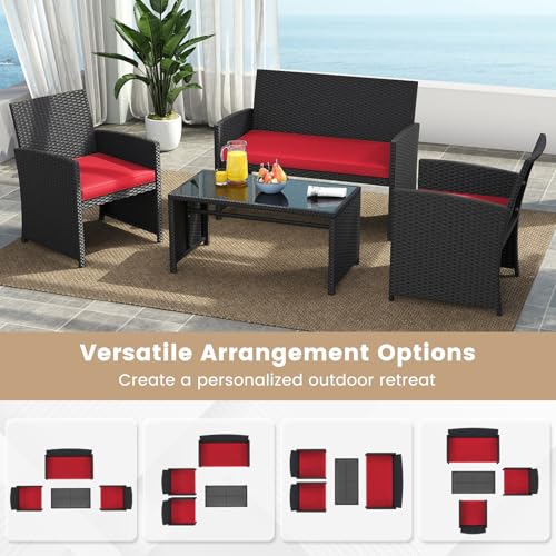 Image of Tangkula 8 Pieces Patio Wicker Furniture Set, Outdoor Heavy Duty Rattan Cushioned Chairs, Loveseat and Tempered Glass Coffee Table, for Backyard, Balcony, Poolside