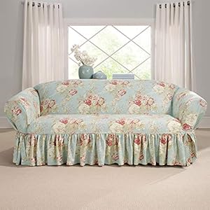 Waverly Ballad Bouquet Ruffled Sofa Slipcover Sofa Cover with Cotton Floral One Piece Design and Ruffled Skirt Machine Washable Sofa Cover Robins Egg