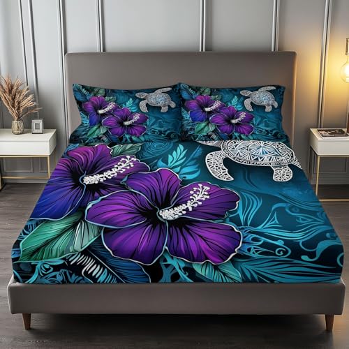 Fitted Sheet Full Size Bedding Set for Kids Girls Women Men Room Decor, Soft Microfiber & Deep Pocket & Wrinkle Free Simple Bohemian Turtle Bedding Sheets, Dark Blue