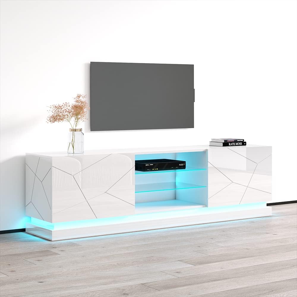 Meble Furniture Qiu Modern Adjustable 63-79 Inch TV Stand — High Gloss Finish — 22.4H x 63-79W x 16.5D inches — White