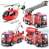 Vanvimen 4 Pack Fire Truck Toy for 2 3 4 5 Year Old Boys, 9' Fire Truck Toys for Toddlers 1-3 3-5, Firetruck Toy with Light, Sound & Sprinkler Pump, Toys for 2 3 4 5 Year Old Boys, Toys for Boys