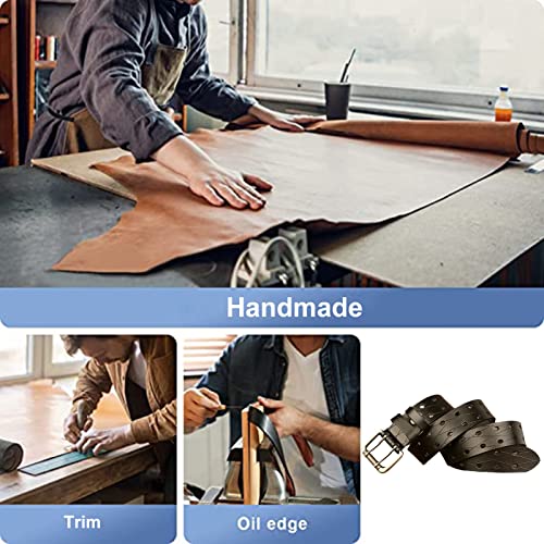 Men's Leather Double Prong Jean Belt With Grommet Holes & Twin Roller Buckle - Handmade Stitching4