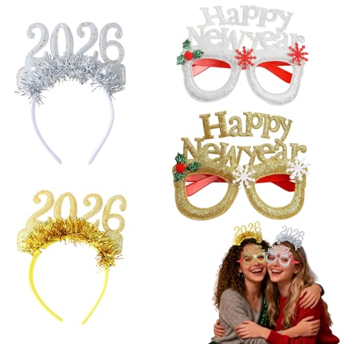 decorazioni Capodanno 2026 4 pezzi accessori festa fotografia adulti fascia capelli glitter oro argento occhiali scenografie feste di fine anno brillanti e divertenti