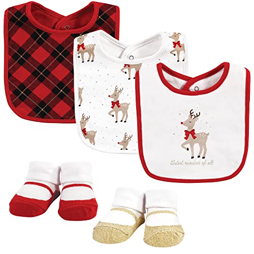 Image of Hudson Baby Unisex Baby Cotton Bib and Sock Set, Fancy Rudolph, One Size