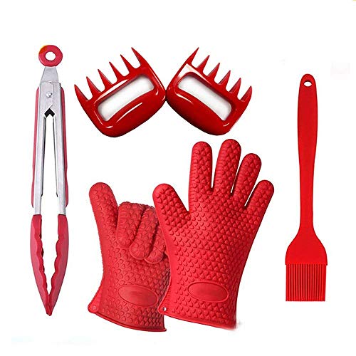 HelpCuisine Set Utensili Barbecue Composto da Guanti da Forno/Grill in Silicone,Artigli per sminuzzare la Carne, Pennello in Silicone, Ideale Sia per la Cucina Indoor Che Outdoor (Rosso)
