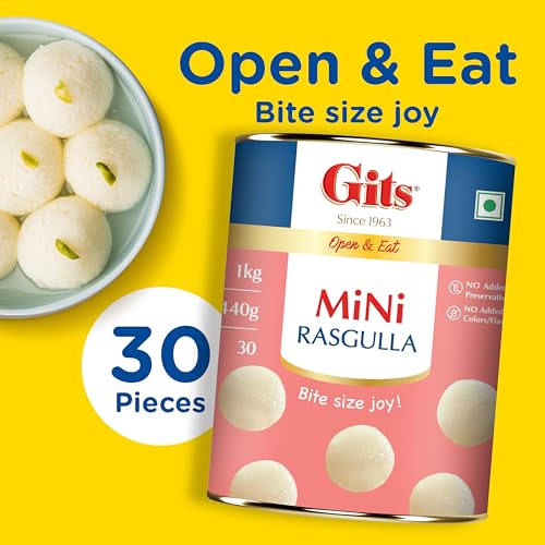 Image of Gits Open & Eat Mini Rasgulla, 30 Pieces Per Can, Authentic Bengali Sweet, 1Kg (Pack of 3)