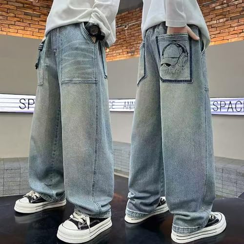 Boy's Hole Straight Leg Jeans, Loose Denim Pants with Pockets, Vintage Wide Leg Loose Jeans, Elastic Waist Casual Pants2