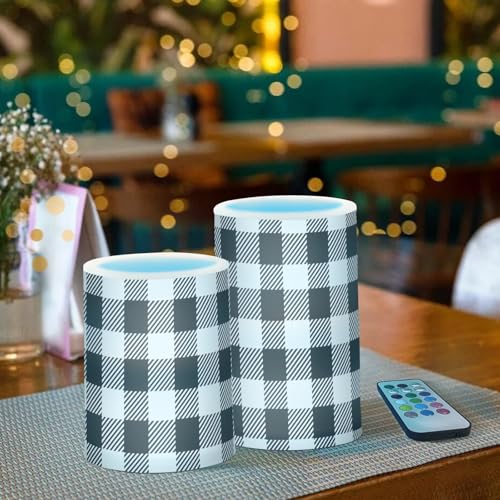 Image of Flickering Flameless Candles, Black White Buffalo Plaid LED Candles with Remote Timer, Set of 2 Battery Operated Candle for Valentine Wedding Birthday