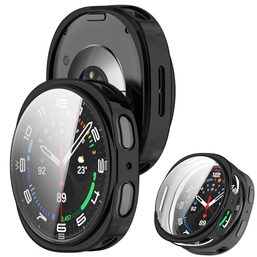 LEYUMI For Galaxy Watch 8 44mm �P�[�X �����^ PC+�K���X�f�� ��̌^ �����[�d�\ �S�ʕی� �����ߗ� �ϏՌ� ���t���ȒP �w��h�~ �M�����N�V�[�E�H�b�`8 44mm �Ή� �J�o�[(�u���b�N)