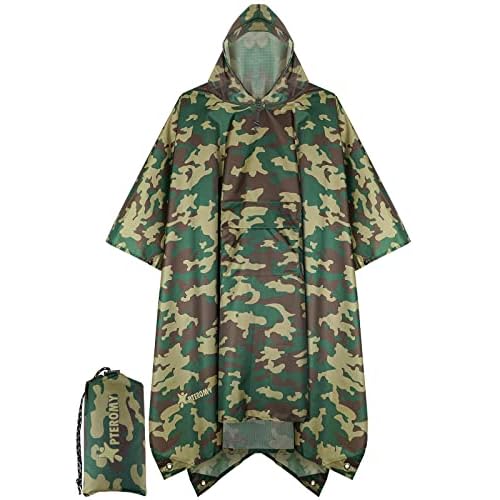 PTEROMY Hooded Rain Poncho for Adult with Pocket, Waterproof Lightweight Unisex Raincoat for Hiking Camping Emergency Green Camo