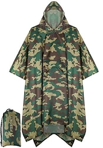 Image of PTEROMY Hooded Rain Poncho for Adult, Waterproof Lightweight Unisex Raincoat for Hiking Camping Emergency
