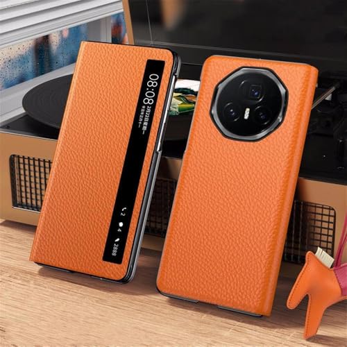Protection Honor Magic V3 étui rabat cuir véritable orange magnétique - 6