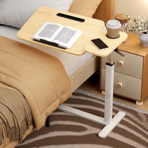 Image of Lukzer MST-003 White Frame Oak Light Tilt Top Overbed Table with Cupholder & Wheels | Adjustable Height Laptop Desk for Bed & Sofa | Rolling Bedside Table for Home, Hospital, Office Use | 40x76x95 cm
