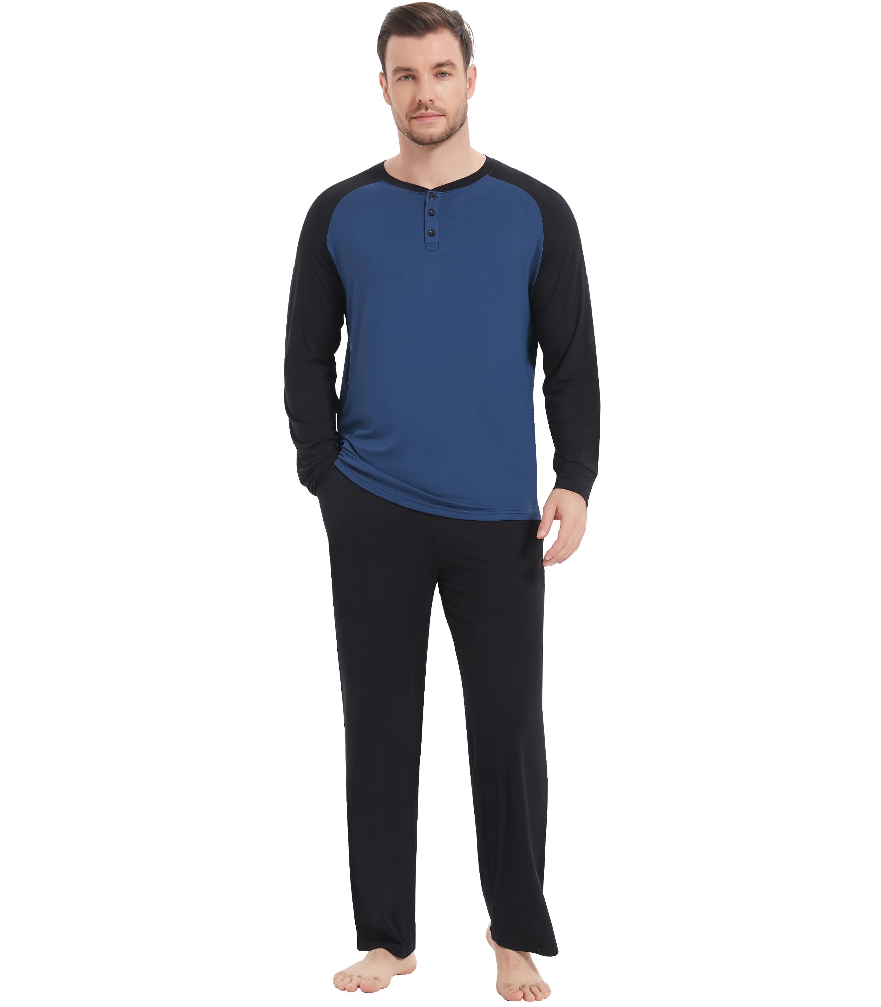 NACHILA Mens Pajamas Set Viscose Made from Bamboo Henley Top Sleep Pants
